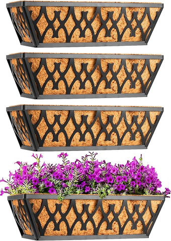 4 Pack 14 Inch Window Boxes Planters Railing Planter Box with Coco Liners Deck Railing Planter Boxes Balcony Hanging Flower Box for Outdoor Plants Garden Decor
