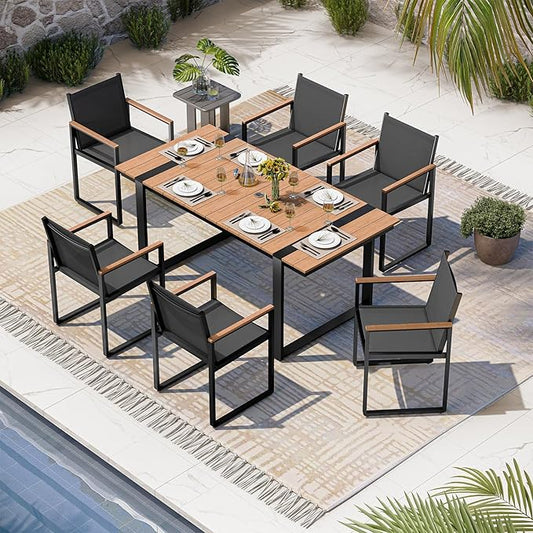 Outdoor Dining Set, HDPS + Aluminum Patio Table and Chairs Set with U-Shaped Base, 7 Piece Outdoor Furniture Set with Umbrella Hole, Patio Dining Table Set for Garden, Backyard (Gray-Teak)