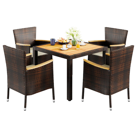 Vongrasig 5 Piece Small Patio Dining Set, Space-Saving Outdoor Wicker Furniture Conversation Set with Wood Table and Cushioned Rattan Chairs for Lawn, Garden, and Backyard (Brown)