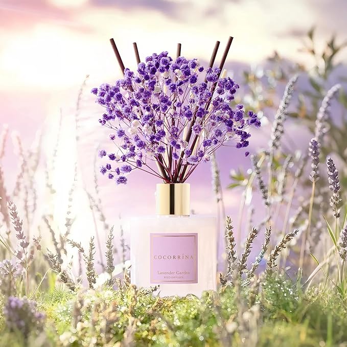 COCORRÍNA Reed Diffuser - Lavender Garden 6.7 Fl.oz Reed Diffuser Set with Sticks & Preserved Baby's Breath, Reed Diffuser for Home Bathroom Shelf Decor