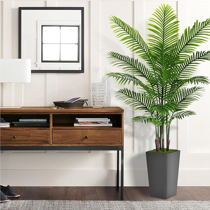 Artificial Palm Tree 6FT - Fake Tree with Gray Tall Planter - Faux Tropical Areca Floor Plant in Pot - Artificial Silk Plant for Home Office Living Room Decor Indoor