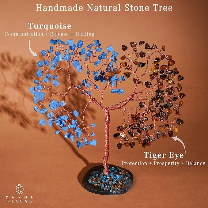 Crystal Tree for Home and Office Decoration, Pink Tiger Eye & Turquoise Healing Stones Handmade Tree of Life for Positive Energy, Money, Good Luck, Christmas Decor, Birthday Gifts for Women, Mom