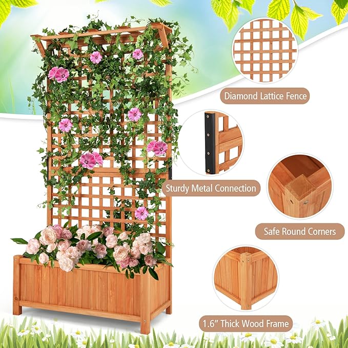 S AFSTAR Planter with Trellis Set of 2, 35.5x17.5x72.5 inch Wood Planter Box with Lattice Trellis & Hanging Roof, Removable Base, Plant Box for Climbing Plant Flower Rose Grape Cucumber