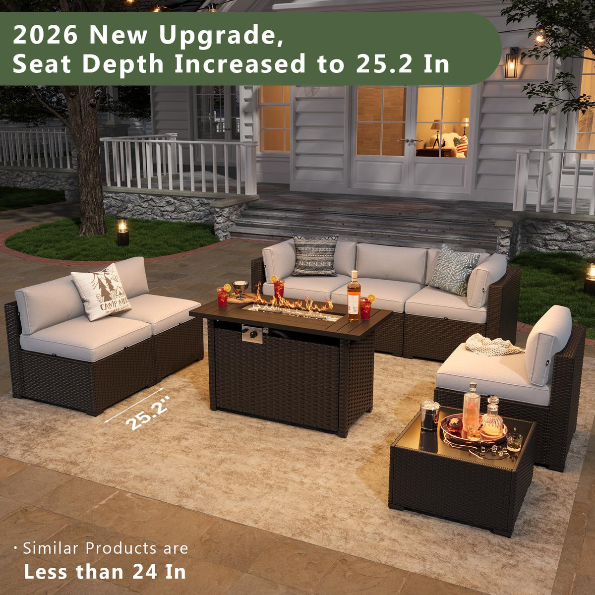 Aoxun 8 Piece Patio Furniture Set with 44” Fire Pit Table, Wicker Rattan Patio Sectional Sofa, Outdoor Furniture Set with Thickened Cushion, Light Gray