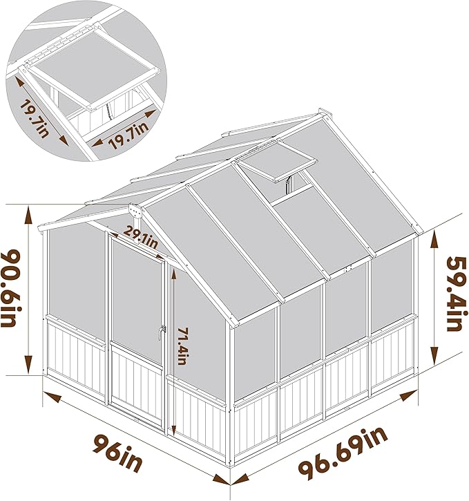 MUPATER 8' x 8' Wooden Polycarbonate Greenhouse with Ventilated Window & Lockable Door, 6mm Polycarbonate Panels for UV Protection, Walk-in Greenhouse for Outdoors, Patio, Backyard, Brown