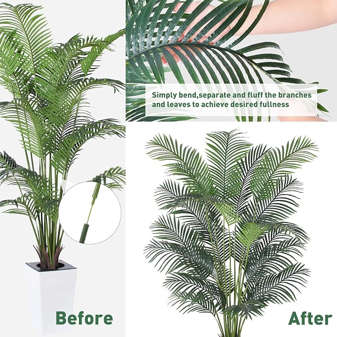 Artificial Palm Tree with White Tall Planter, 7ft Tall Potted Artificial Silk Palm Tree Plant, Fake Tropical Plant, Home Office Floor Room Decor Plants Indoor Outdoor, Housewarming Gift