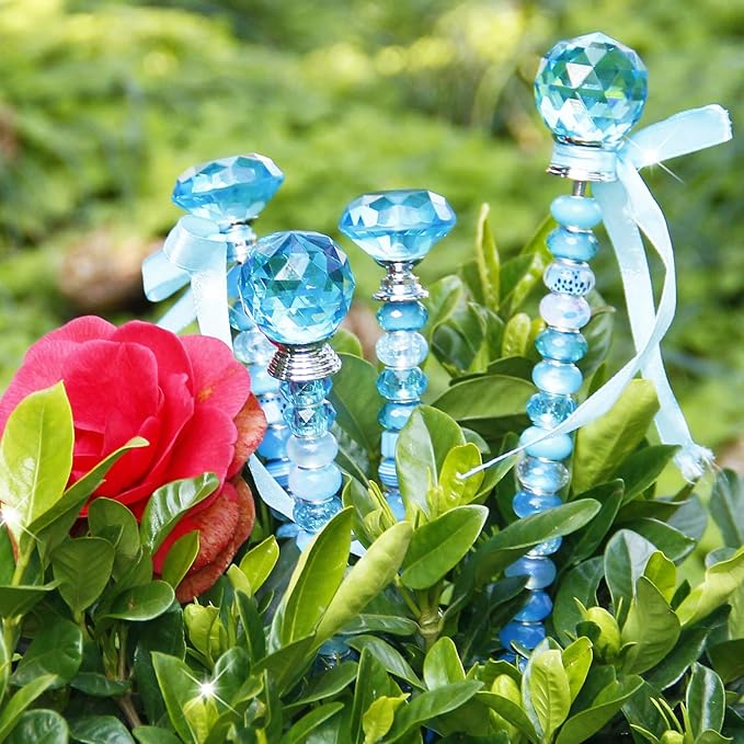 119 Pcs Garden Stake DIY Fairy Wand Plant Stake with Blue Large Hole Beads Crystal Diamond Stopper Top 4 Stainless Steel Threaded Rod Beaded Garden Stakes for Outdoor Indoor Yard Patio Decorations