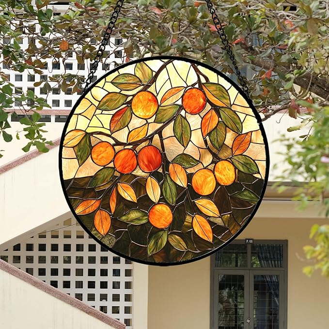 AMDERVEN Stained Glass Suncatcher, Orange Green Fruit Tree Sun Catcher Landscape Stain Glass Window Hanging Decoration Mother's Day Birthday Gifts for Women Men Mom Nana 6.3 in