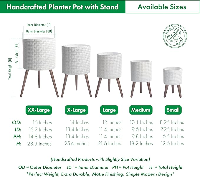 D'vine Dev 10 Inch Modern Geometric Tile Patterned Sleek Planter Pot with Stand, Indoor Outdoor Decorative Plant Holder, Matte White, 88-Z-B-1