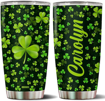 WONWIX Personalized Green Irish Shamrocks Tumbler For Women with Lid Insulated 20 oz Stainless Steel Water Bottle Coffee Cup Travel Mug Gift For Mom Daughter Wife Girls