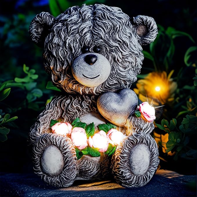 Solar Garden Outdoor Statues Bear with Heart and Pink Flower and 5 LED Lights-Lawn Decor Bear Statue for Patio, Balcony, Yard Ornament-Unique Valentine's Day and Housewarming Gifts for Mom, Women