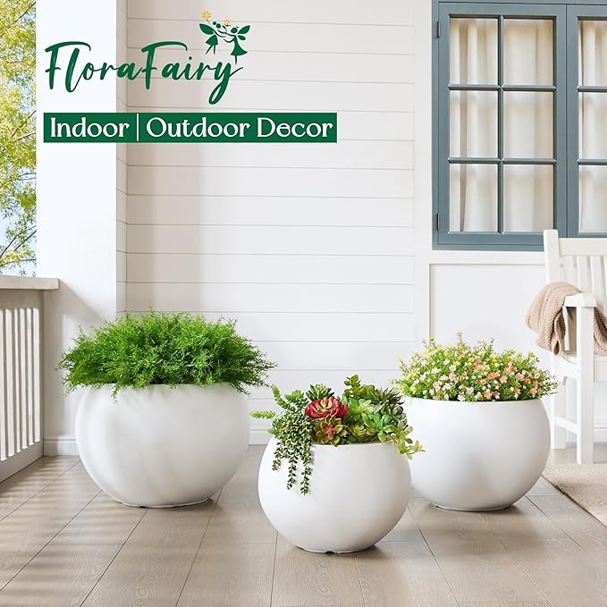FloraFairy 21.3" D Fiberstone Extra Large Planter, 16.6" Pot Opening x 14.8" H, Spherical Flower Pot with Drainage Hole, Weather Resistance Indoor Outdoor Planters, White