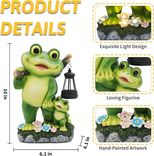 Outdoor Frog Garden Decor: 10'' Yard Decoration with LED Lantern Funny Solar Parent-Child Frog Statue Gifts for Women Gardener Housewarming Gift