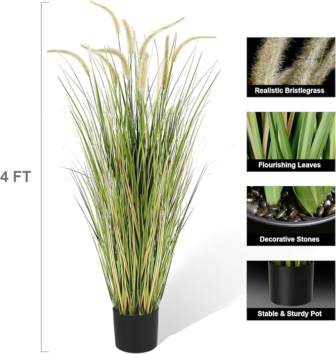 KOL Artificial 4ft Horsetail Reed Grass, 47.2in Artificial Indoor Outdoor Fake Grass Plant, Home Office Wedding Decorative Artificial Plants & Flowers in Pot Faux Plant Greenery, Housewarming Gift