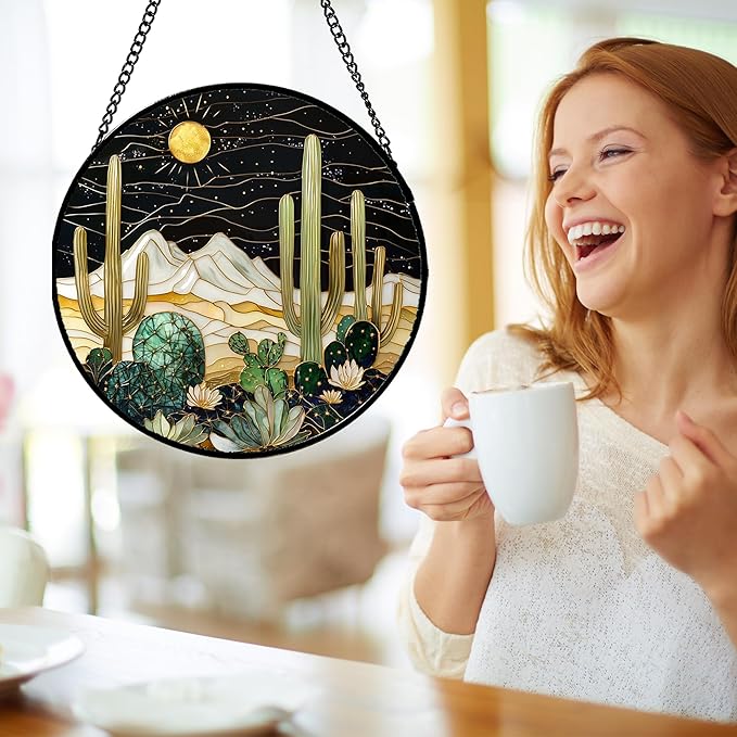 DASTOLL Stained Glass Window Hanging, Black and White Golden Cactus Nature Suncatcher for Doors Window Home Starry Sky Sun Catchers Decor Mother's Day Birthday Gifts for Women, Men Mom 6.3 in