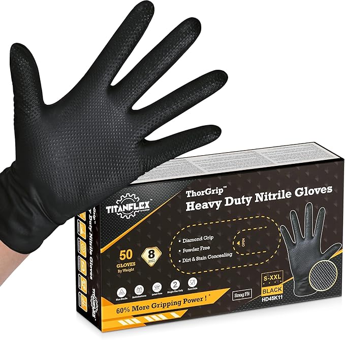 TitanFlex Heavy Duty Black Industrial Nitrile Gloves with Raised Diamond Texture, Latex Free (6mil/8mil)