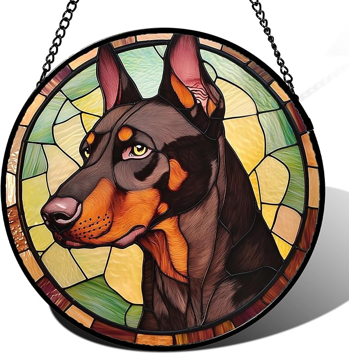Stained Glass Window Hanging - Funny Dark Brown Doberman Pinscher Suncatcher for Door Terrace Garden Home Decor, Pet Dog Sun Catcher Birthday Gifts for Lovers Women Men Dad Mom Nana 15 in