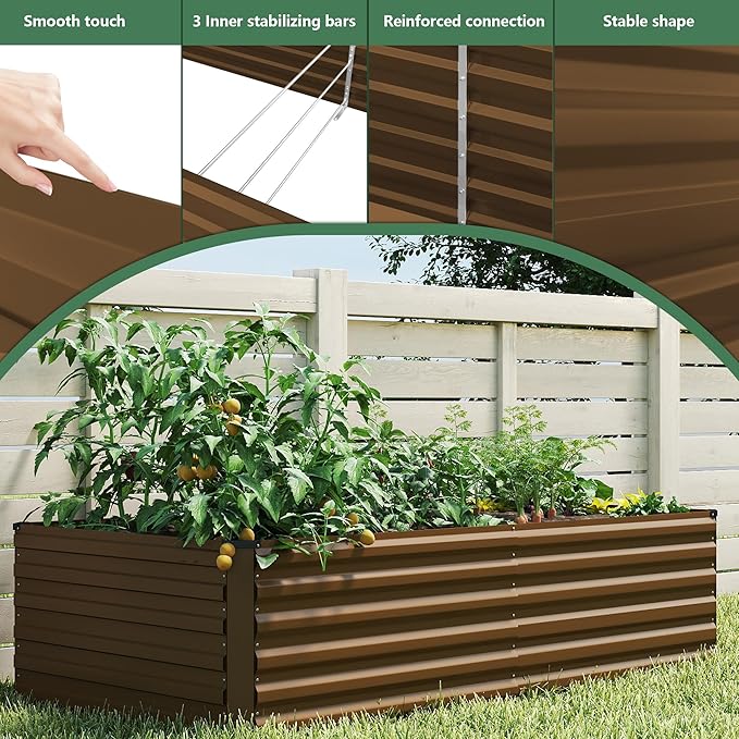 FOOWIN 4pcs 6x3x2ft Galvanized Raised Garden Bed, Planter Raised Garden Boxes Outdoor, Large Metal Raised Beds for Gardening, Garden Bed for Vegetables, Flowers, Herb,269 Gallon Capacity, Brown