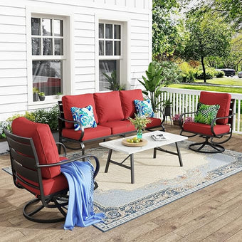 MFSTUDIO 4 Pieces Patio Conversation Sets(5 Seat), Outdoor Metal Furniture Sofa Set with 1 Loveseat(3 Seat), 2 Swivel Chairs, 1 Coffee Table, Steel Frame Patio Set with Burgundy Red Cushion for Patio