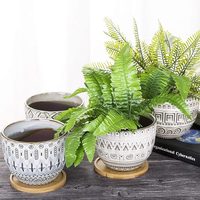 VanEnjoy 5.5 inch Large Round Bohemian Style Ceramic Planter, Geometry Engrave Off White Brown Succulent Planter Flower Pot - Indoor Outdoor Decorative Planter