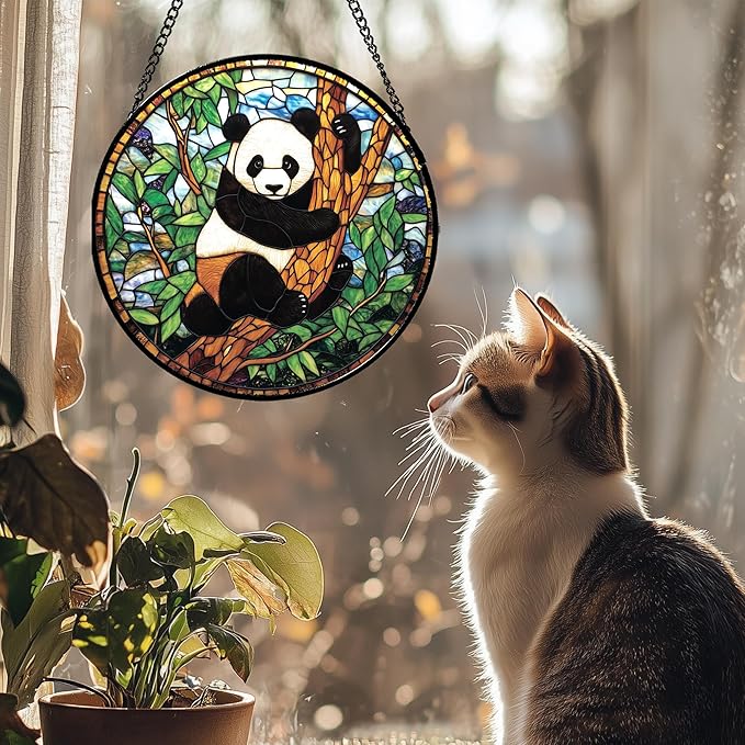 Stained Glass Window Hanging - Cute Panda Suncatcher for Doors Garden Patio Sun Catchers Decor Christmas Mother's Day Birthday Teenager Gifts for Women Men Mom Nana Friend 9.8 in