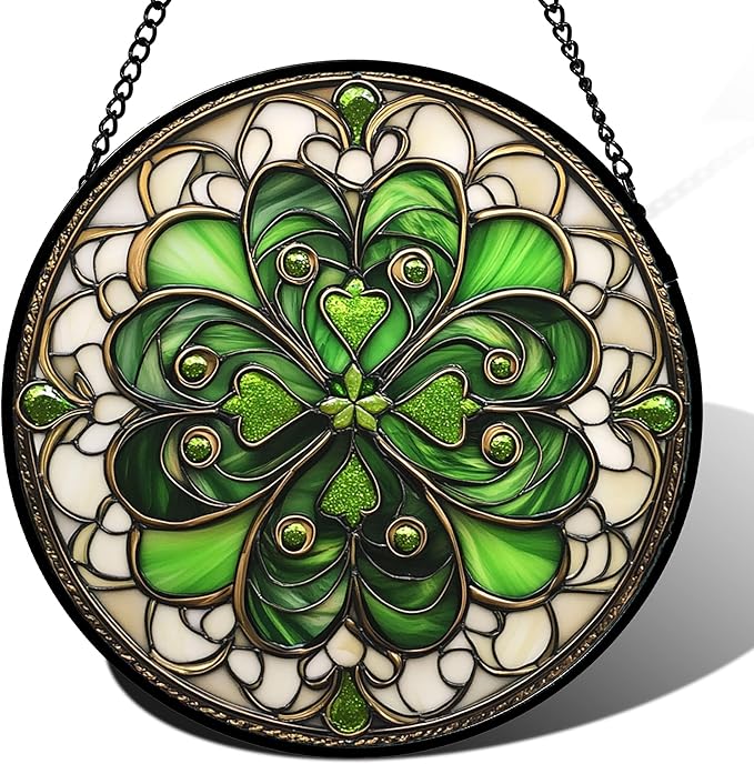 Stained Glass Window Hanging St. Ripak Festival Green Lucky Clover 7.8" - Suncatcher Door Garden Sun Catcher Ireland Decor Mother's Day for Mom Woman Her Men Sisters