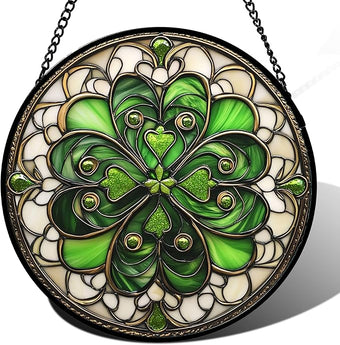 Stained Glass Window Hanging St. Ripak Festival Green Lucky Clover Large 11.8" - Suncatcher Door Garden Sun Catcher Ireland Decor Mother's Day for Mom Woman Her Men Sisters