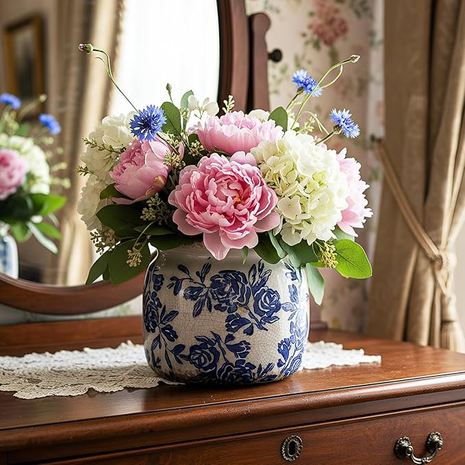 Vintage Chinoiserie Planter Large Ceramic Plant Pot with Drainage Blue Beige Rose Crack Cottage Scroll Vase Flower Vase for Pot Indoor Live Plants Home Farmhouse Antique Decorative Gifts