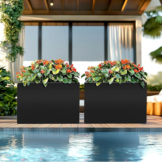 Rectangle Planter for Indoor & Outdoor, Tall and Long Planter Boxes with Drainage Holes, Mental Divider Planter Box All-Weather Use for Plants, Flowers, 35" L x 9" W x 26" H, Black