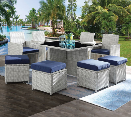 9 Piece Small Patio Dining Set, Outdoor Space Saving PE Wicker Dining Patio Furniture Conversation Set w/Glass Patio Dining Table & Cushioned Rattan Chairs for Lawn Garden Backyard (Blue) (Blue)