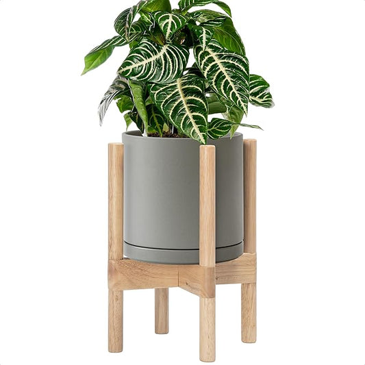 D'vine Dev Ceramic Planter with Natural Stand - 8 Inch Modern Round Flower Pot with Wood Planter Holder, Grey, 55-B-N-3