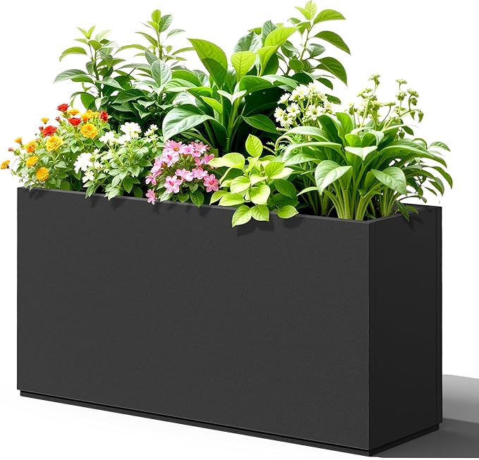 Rectangle Planter for Indoor & Outdoor, Tall and Long Planter Boxes with Drainage Holes, Mental Planter Box All-Weather Use for Plants, Flowers, 32" L x 10" W x 16.3" H, Black