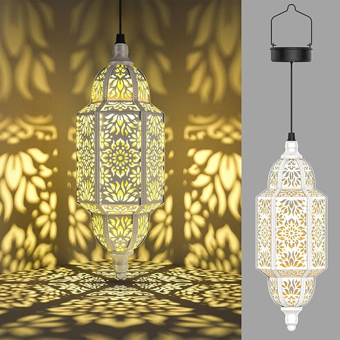 Twinkya Hanging Solar Lights Outdoor Garden Decorative Solar Lantern Waterproof Metal Moroccan Outdoor Decorations for Patio Pathway Yard Porch Backyard Garden Decor (White, 1 Pack)