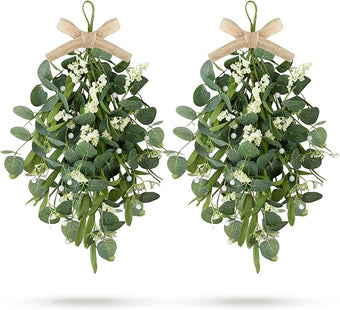2 PCS 24'' Eucalyptus Wreaths for Front Door Artificial Greenery Teardrop Swags Spring Summer Green Swag Farmhouse Hanging Swags with Berry Ribbon for Wedding Home Outdoor Wall Cabinet Party Decor