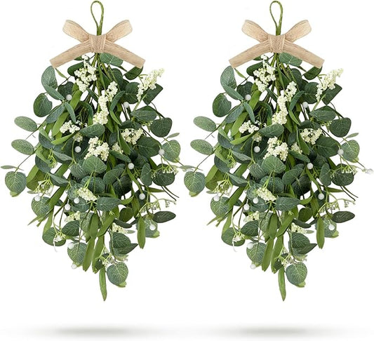 2 PCS 24'' Eucalyptus Wreaths for Front Door Artificial Greenery Teardrop Swags Spring Summer Green Swag Farmhouse Hanging Swags with Berry Ribbon for Wedding Home Outdoor Wall Cabinet Party Decor