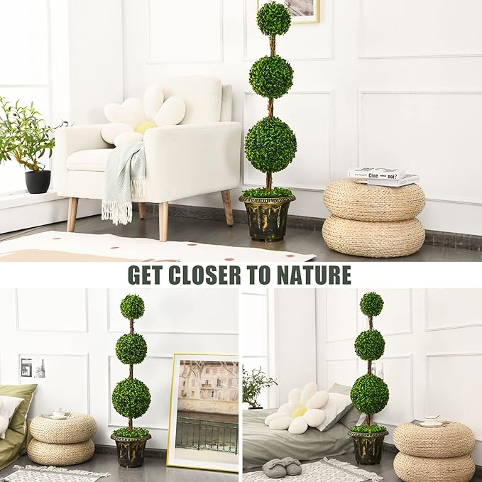 DREAMADE 4ft Topiary Trees Artificial Outdoor, Triple Ball Boxwood Topiary w/Cement-Filled Retro Pot, Fake Plants Shrub Bushes for Home, Office, Porch, Front Door, Entrance, Backyard