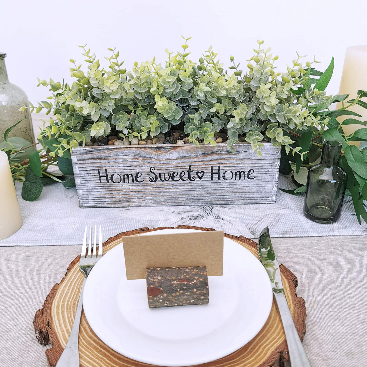 1 Pcs Wooden Potted Eucalyptus Plant Greenery Arrangement Artificial Eucalyptus Plant in Rectangular Wood Planter Box for Rustic Farmhouse Indoor Centerpiece Tabletop Window Sills Kitchen Shelf Decor