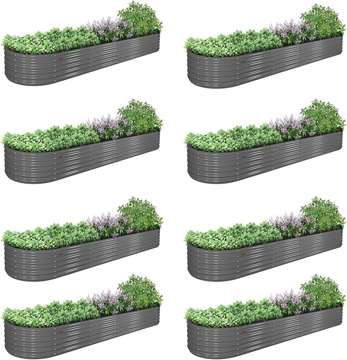 A ANLEOLIFE 8 Pcs 12X3X1.5 ft Oval Extra Large Galvanized Raised Garden Beds Outdoor for Planting Vegetables Flowers Herb, Quartz Grey