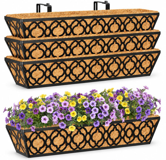 Y&M 4Pcs 30'' Railing Planter Box Set with Coconut Coir Liner, Flower Boxes with Adjustable Brackets, Large Metal Hanging Window Boxes for Fence, Deck, Balcony, and Outdoor Garden