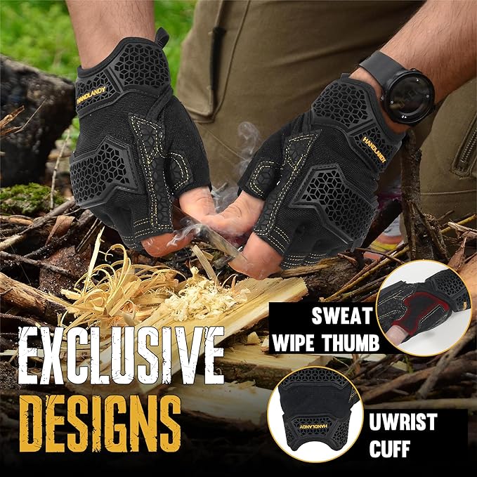 HANDLANDY Fingerless Framer Work Gloves for Men, Utility Grip Paded Gloves for Tactical Shooting Airsoft Hunting Driving (Black- 3 Fingerless, X-Large (Pack of 1))
