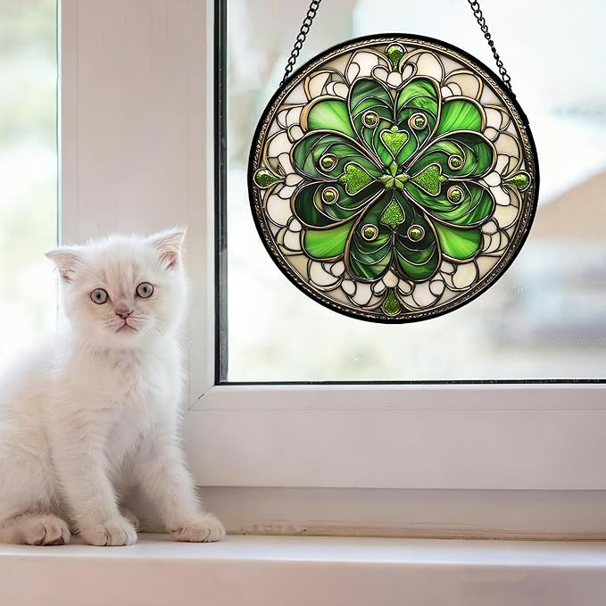 Stained Glass Window Hanging St. Ripak Festival Green Lucky Clover 6.3" - Suncatcher Door Garden Sun Catcher Ireland Decor Mother's Day for Mom Woman Her Men Sisters