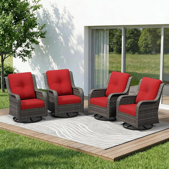 4 Piece Outdoor Swivel Rocker Patio Chairs Set, Patio Chairs Set of 4 with Thickened Olefin Cushions, High Back and Deep Seating, Hand-Woven PE Rattan for Porch, Deck, Red