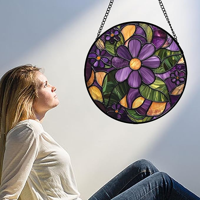 AMDERVEN Stained Glass Window Hanging, Purple Green Flowers Sun Catcher for Door Home Decor Plants Suncatcher Christmas Mother's Day Birthday Gifts for Women Men Mom and Nana 15 in