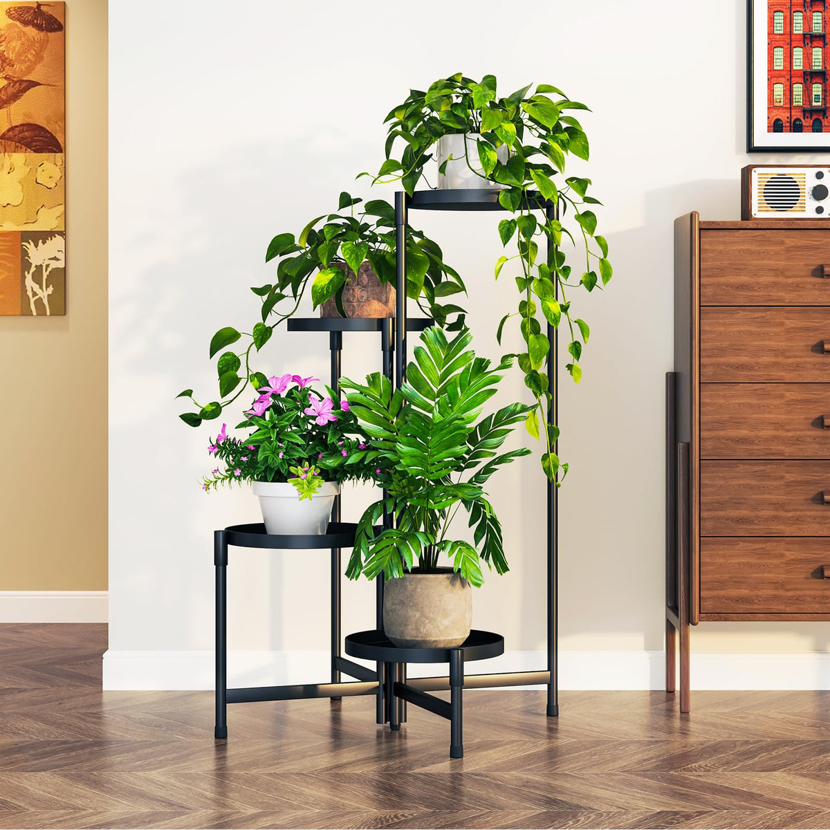 Plant Stand Indoor Outdoor, 4 Tier Metal Corner Shelf Black 9 in Wide