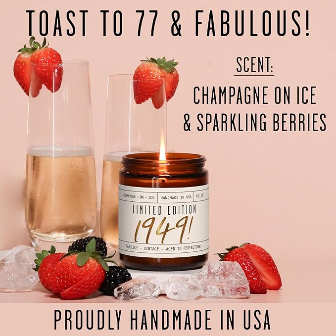 77th Birthday Gifts for Women - 'Limited Edition 1949' Soy Candle, w/Champagne on Ice I 77th Birthday Gift for Her Ideas I 9oz Reusable Jar, 50Hr Burn, Made in USA