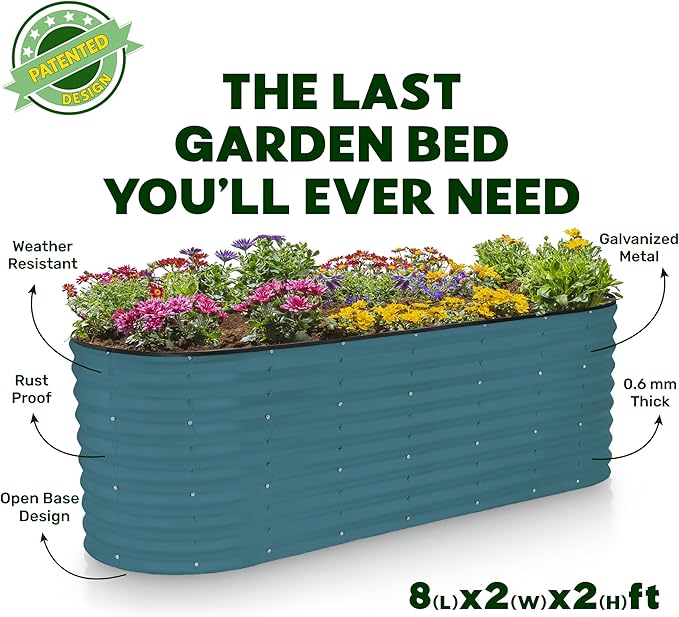 Galvanized Raised Garden Beds Outdoor // 8×2×2 ft Planter Raised Beds for Gardening, Vegetables, Flowers (Turquoise) // Large Metal Garden Box // Patented Tool-Free Design