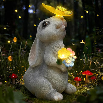 Solar Garden Statue Outdoor Decor, Rabbit Figurine with Butterfly LED Lights, Bunny Statue for Garden, Yard Decor, Lawn Ornament, Housewarming Birthday Gift for Women Mom Grandma