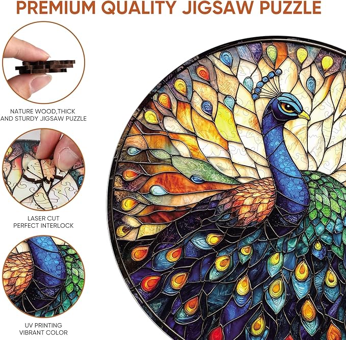 Qiuenisray Jigsaw Puzzles for Adults 200 Pieces, Beautiful Wooden Puzzles Stained Glass Peacock, FSC Certified Unique Shape Adult Puzzles, for Family Friend 11.2 x 11.2 in