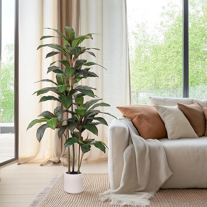 Artificial Dracaena Tree 5 FT, Fake Tree with White Planter, Faux Yucca Silk Floor Plants Indoor, Artificial Trees for Home Office Decor Indoor Outdoor Housewarming Gift