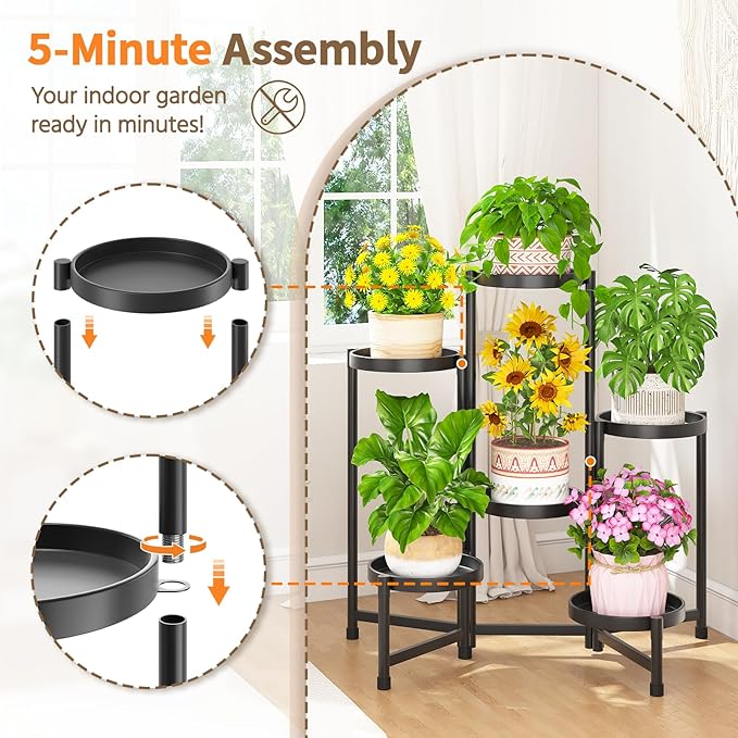 LASZOLA 6 Tiered Folding Tall Plant Stand Indoor for Multiple Large Planter, Heavy Duty Metal Adjustable Flower Rack for Narrow Corner, Sturdy Vertical Spiral Shelving Holder for Modern House, Black